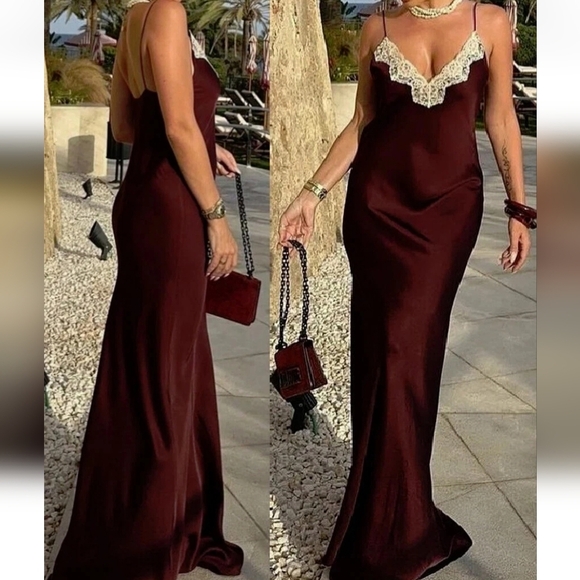 Zara Dresses & Skirts - Zara Collection Burgandy Slip Maxi Dress with Lace Trim